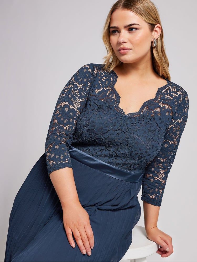 Yours Curve Blue Lace Wrap Pleated Maxi Dress - Image 3 of 3
