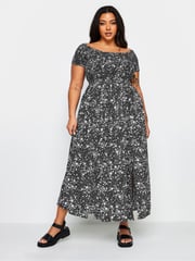 Yours Curve Black Ditsy Floral Print Shirred Bardot Maxi Dress - Image 1 of 5
