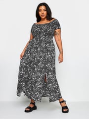 Yours Curve Black Ditsy Floral Print Shirred Bardot Maxi Dress - Image 2 of 5