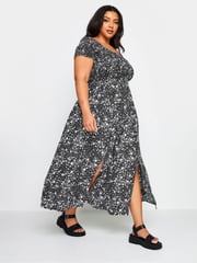 Yours Curve Black Ditsy Floral Print Shirred Bardot Maxi Dress - Image 3 of 5