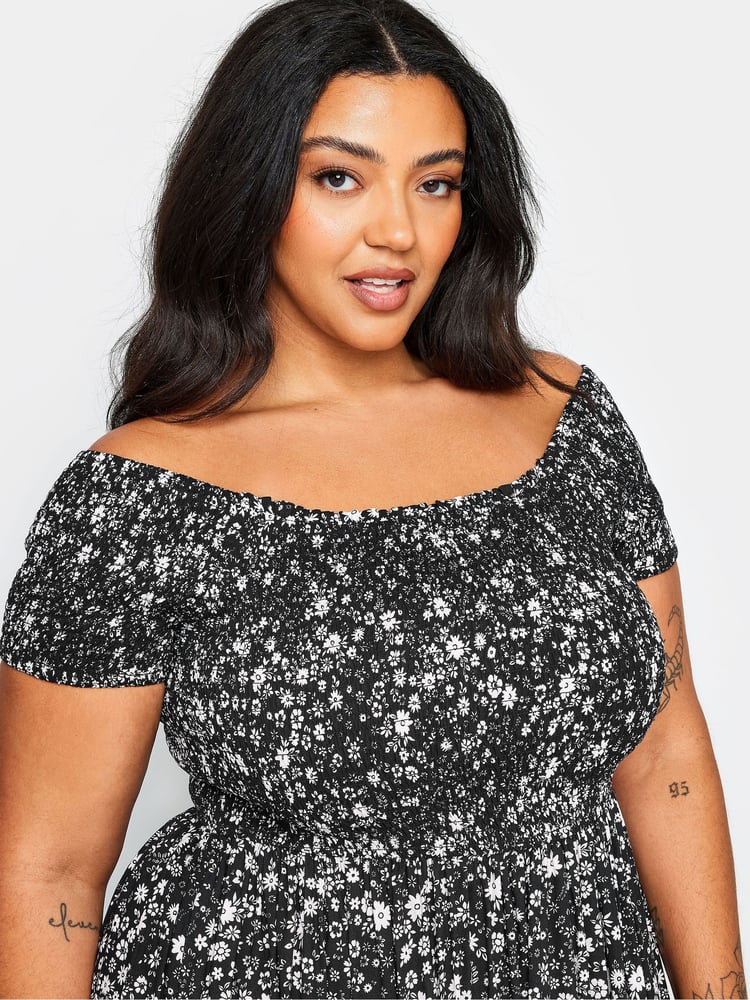 Yours Curve Black Ditsy Floral Print Shirred Bardot Maxi Dress - Image 5 of 5