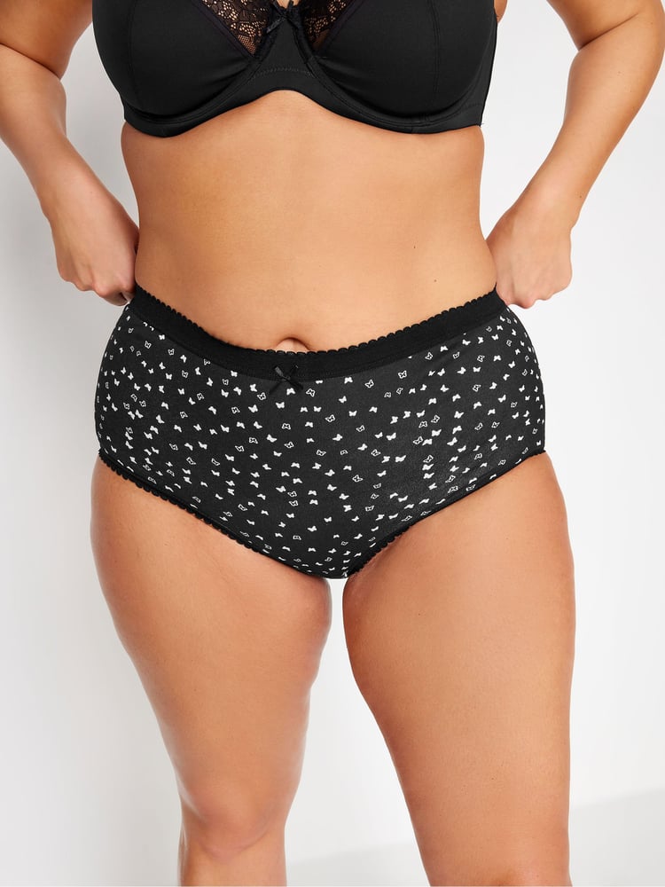 Yours Curve Black 100% Cotton Butterfly Design High Waisted Full Briefs 5 Pack - Image 2 of 2 Yours Curve Black 100% Cotton Butterfly Design High Waisted Full Briefs 5 Pack - Image 2 of 2