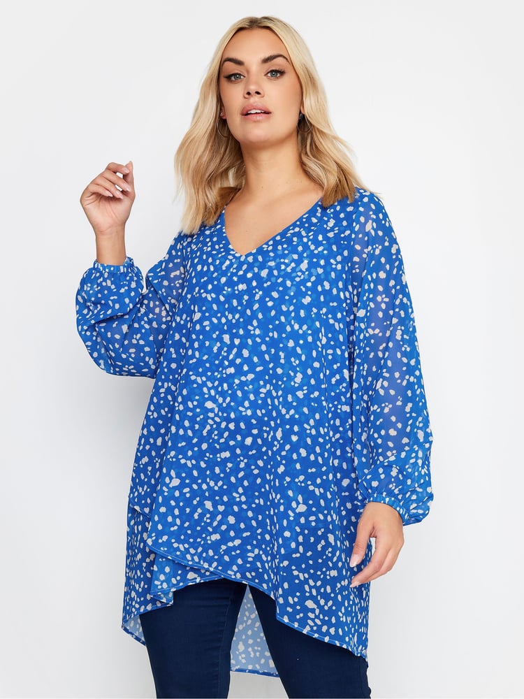 Yours Curve Blue Wrap Front Blouse - Image 1 of 4