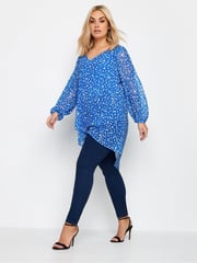 Yours Curve Blue Wrap Front Blouse - Image 2 of 4