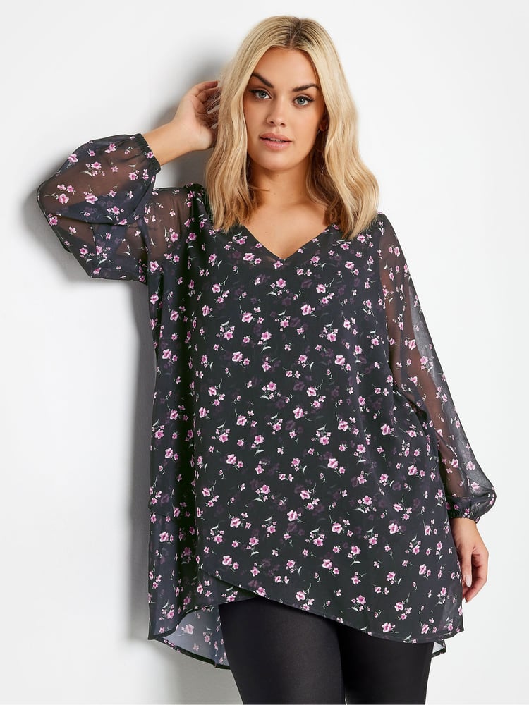 Yours Curve Black Wrap Front Blouse - Image 1 of 4