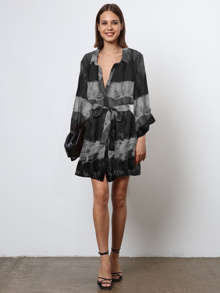 Religion Black Tie Dye Tunic Shirt Dress With Kimono Sleeves in Bright Floral Print - Image 1 of 6