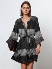 Religion Black Tie Dye Tunic Shirt Dress With Kimono Sleeves in Bright Floral Print - Image 2 of 6