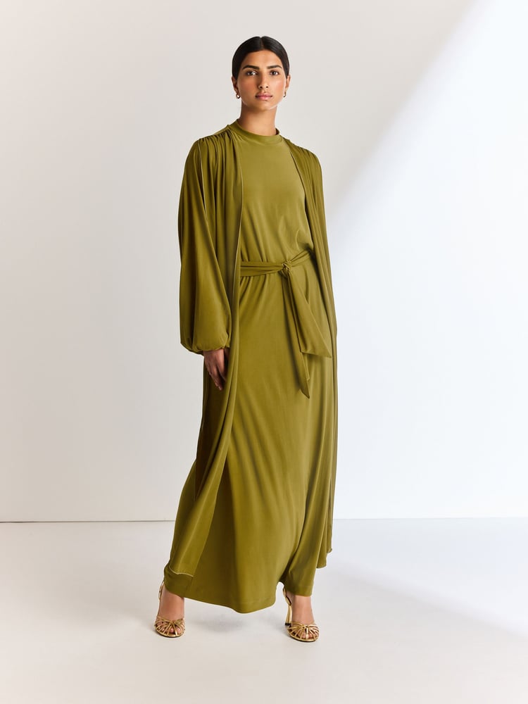 Olive Green Long Sleeve Scarf Maxi Dress - Image 1 of 6