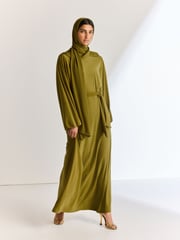 Olive Green Long Sleeve Scarf Maxi Dress - Image 2 of 6