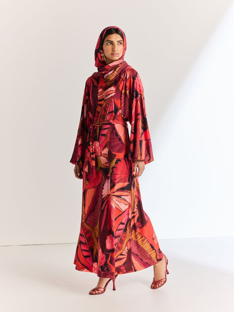 Red Print Long Sleeve Scarf Maxi Dress - Image 1 of 6