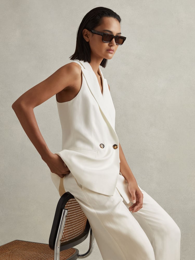 Reiss White Lori Halter Viscose Linen Double Breasted Suit Waistcoat - Image 1 of 6