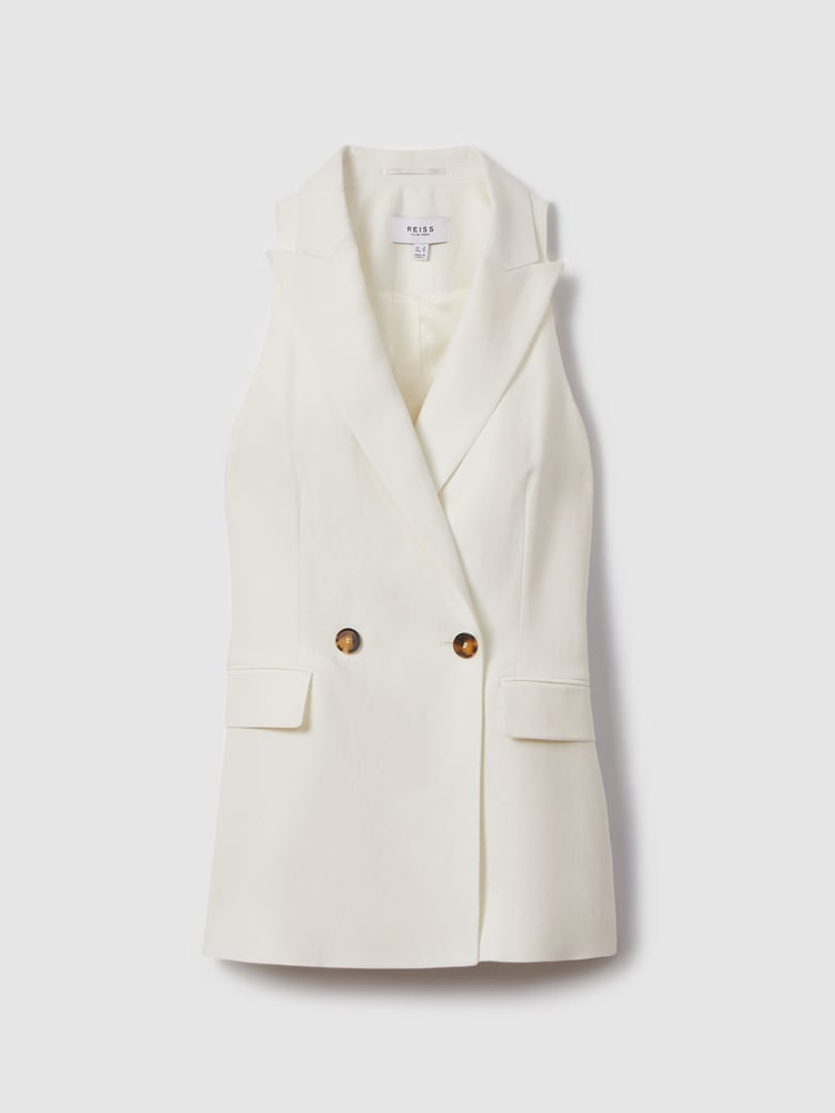 Reiss White Lori Halter Viscose Linen Double Breasted Suit Waistcoat - Image 2 of 6