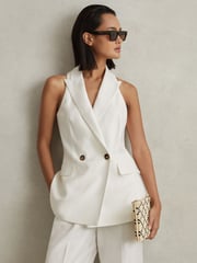 Reiss White Lori Halter Viscose Linen Double Breasted Suit Waistcoat - Image 5 of 6