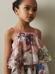 Reiss Pink Print Arina 9-13 yrs Tiered Floral Print Top Co-Ord - Image 1 of 5