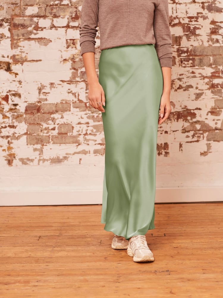 Khaki Green Tailored Satin Midi Skirt - Image 2 of 5