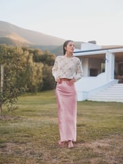 Rose Pink Tailored Satin Midi Skirt - Image 1 of 5