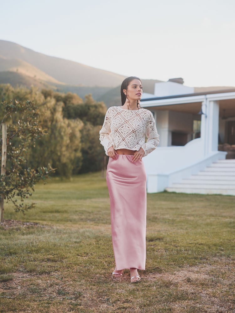 Rose Pink Tailored Satin Midi Skirt - Image 1 of 5