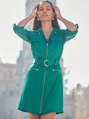 Sosandar Green Lapel Collar Zip Front Satin Utility Shirt Dress - Image 4 of 6