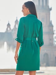 Sosandar Green Lapel Collar Zip Front Satin Utility Shirt Dress - Image 6 of 6