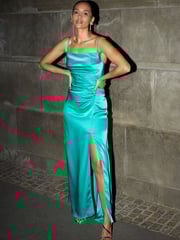 Sosandar Green Satin V-Neck Gown - Image 3 of 5