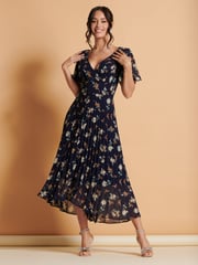 Jolie Moi Black Multi Floral Pleated Dip Hem Chiffon Maxi Dress - Image 1 of 6