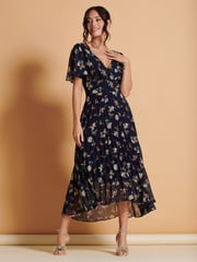 Jolie Moi Black Multi Floral Pleated Dip Hem Chiffon Maxi Dress - Image 3 of 6