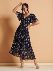 Jolie Moi Black Multi Floral Pleated Dip Hem Chiffon Maxi Dress - Image 5 of 6