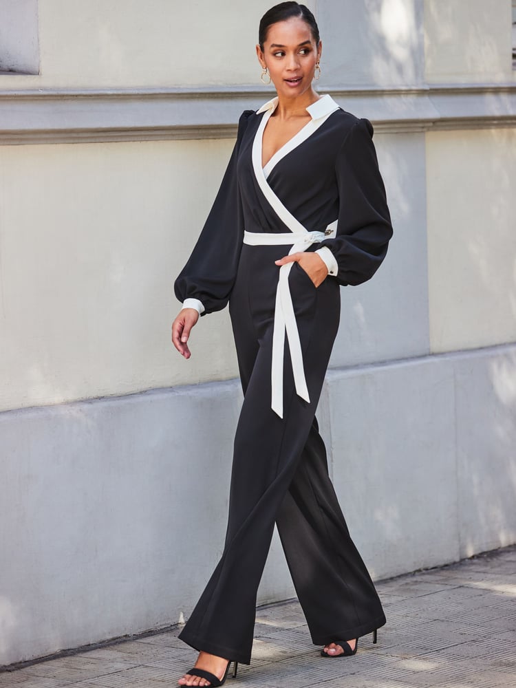 Sosandar Black Contrast Tie Waist Jumpsuit - Image 1 of 5