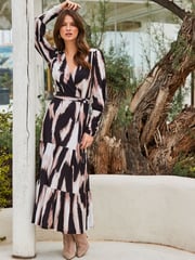 Sosandar Brown Tiered Fit And Flare Wrap Dress - Image 1 of 6