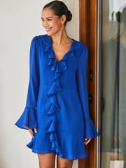 Sosandar Blue Ruffle Front Mini Fit And Flare Dress - Image 5 of 6