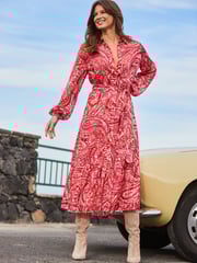 Sosandar Red Blouson Sleeve Belted Midi Shirt Dress - Image 1 of 6