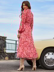 Sosandar Red Blouson Sleeve Belted Midi Shirt Dress - Image 3 of 6