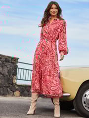 Sosandar Red Blouson Sleeve Belted Midi Shirt Dress - Image 4 of 6