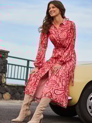 Sosandar Red Blouson Sleeve Belted Midi Shirt Dress - Image 5 of 6