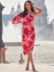 Sosandar Pink Wrap Skirt One Shoulder Midi Dress - Image 1 of 6