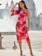 Sosandar Pink Wrap Skirt One Shoulder Midi Dress - Image 3 of 6