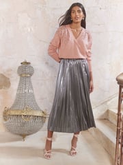 Love & Roses Grey Petite Pleated Lame Midi Skirt - Image 1 of 4