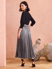 Love & Roses Grey Petite Pleated Lame Midi Skirt - Image 2 of 4