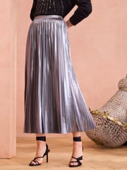 Love & Roses Grey Petite Pleated Lame Midi Skirt - Image 3 of 4