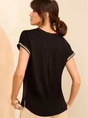 Love & Roses Black Satin Front Embellished Trim V Neck T-Shirt - Image 3 of 4