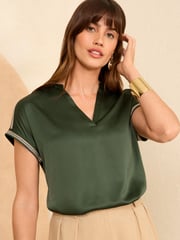 Love & Roses Green Satin Front Embellished Trim V Neck T-Shirt - Image 1 of 4