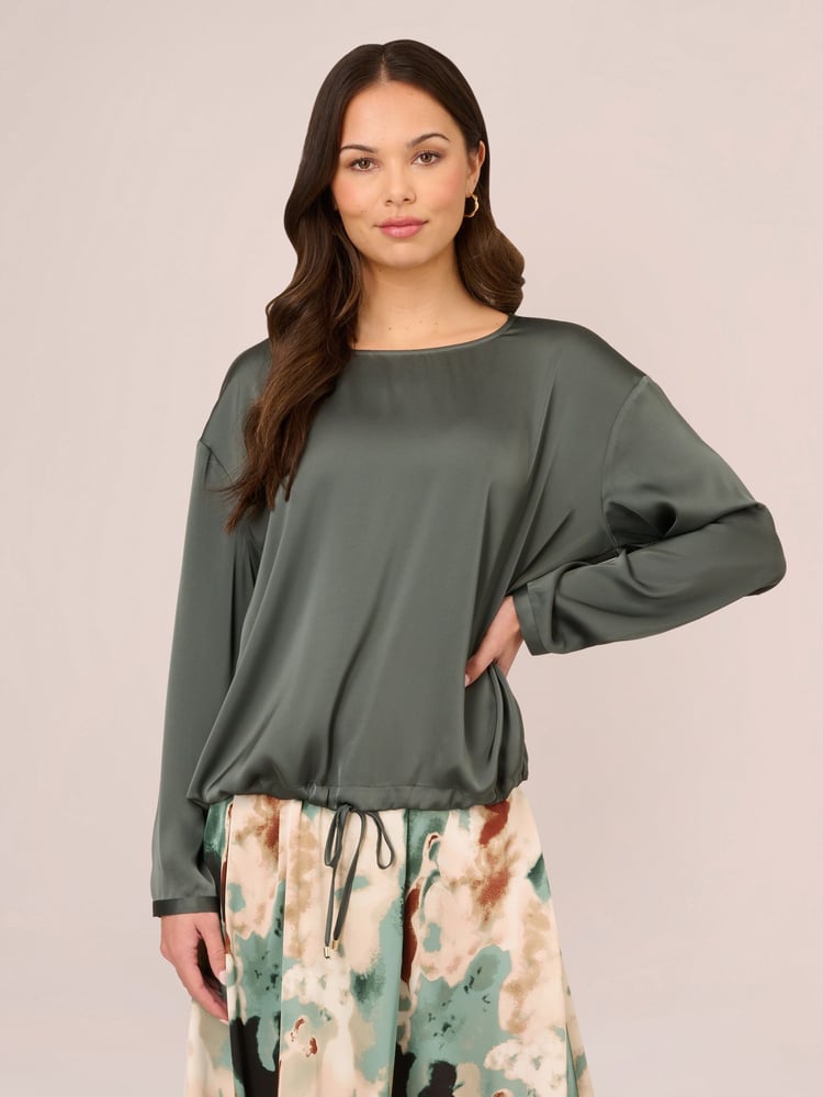 Adrianna Papell Green Drawstring Hem Scoop Neck Woven Blouse - Image 1 of 7