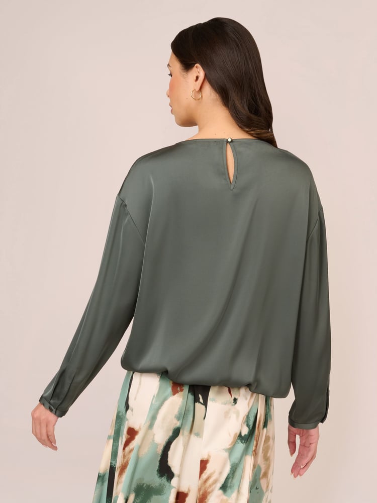 Adrianna Papell Green Drawstring Hem Scoop Neck Woven Blouse - Image 2 of 7