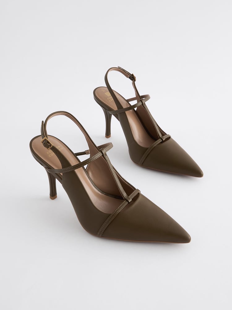 Khaki Green Forever Comfort® Leather T-Bar Point Toe Heels - Image 1 of 5