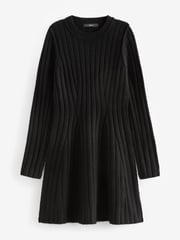 Black Ribbed Fit And Flare Mini Knitted Jumper Dress With Wool - Image 5 of 6