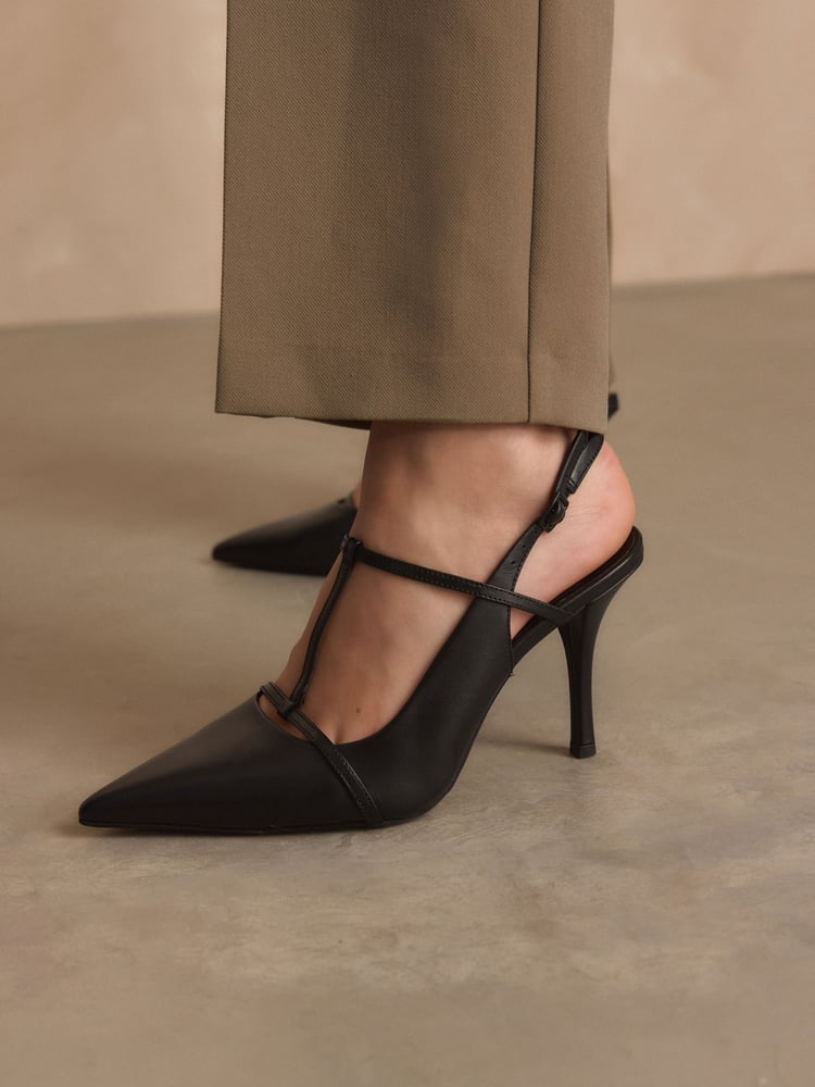 Black Forever Comfort® Leather T-Bar Point Toe Heels - Image 1 of 10
