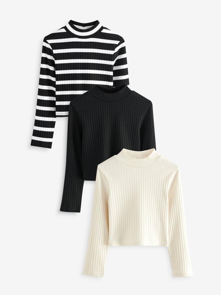 Black/White High Neck Long Sleeve Tops 3 Pack (3-16yrs) - Image 1 of 10