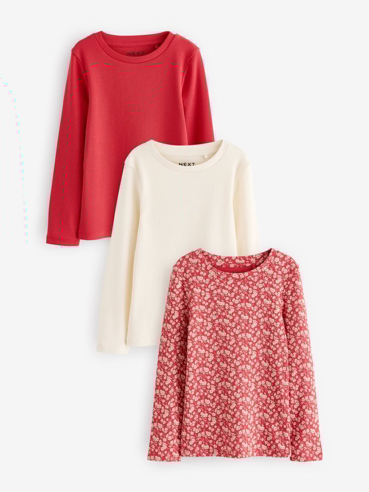 Red Ditsy Long Sleeve Rib T-Shirt 3 Pack (3-16yrs) - Image 1 of 10