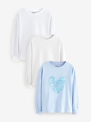 Blue/White Sequin Heart Boxy 100% Cotton Long Sleeve T-Shirts 3 Pack (3-16yrs) - Image 1 of 11