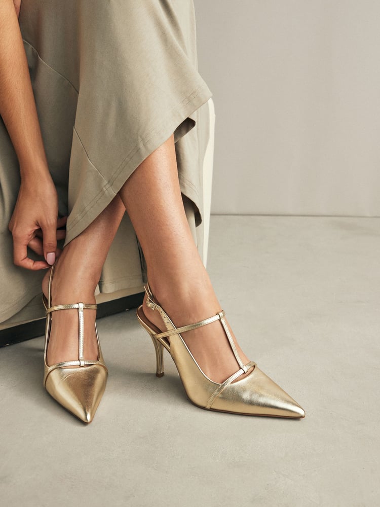 Gold Forever Comfort® Leather T-Bar Point Toe Heels - Image 1 of 8